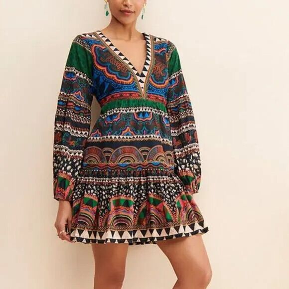 Anthropologie FARM Rio tribal tiger print Multicolor V-Neck Tunic Mini Dress XS - Picture 9 of 9